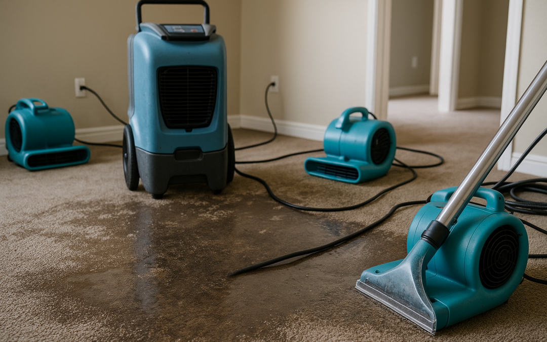 What equipment is used for water-damaged carpet restoration?
